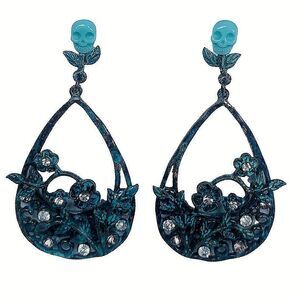 Betsey Johnson TEAL PATINA Skull Large Hoop Earrings 2" Crystal Statement